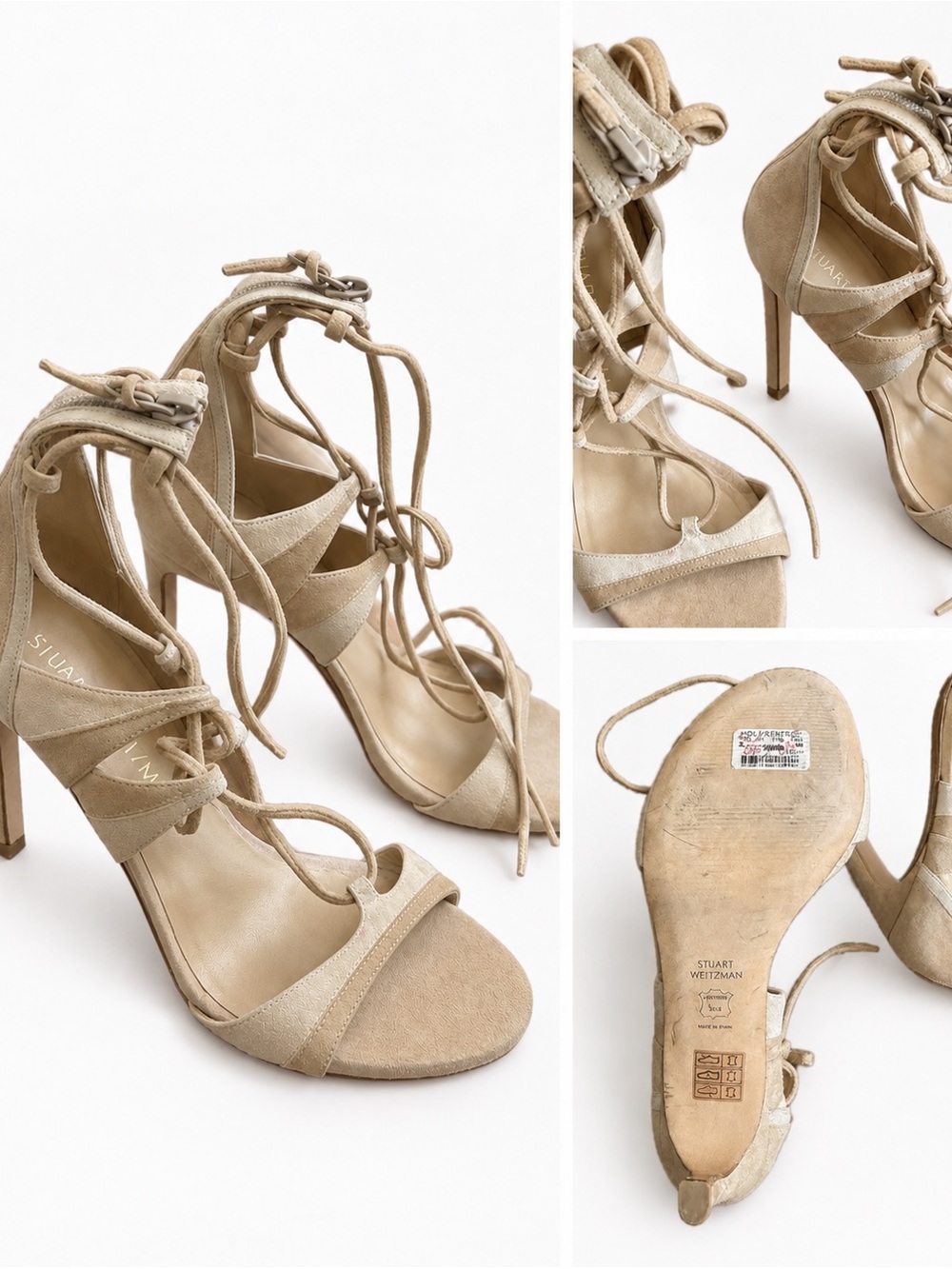 Stuart Weitzman Beige Suede Lace-Up Stiletto Sandals Size 7